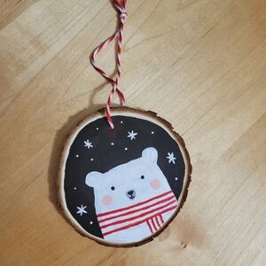 Hand-Painted Polar Bear Wood Slice Ornament